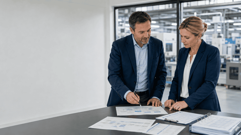 Geschäftsleute prüfen Dokumente bei ISO 9001 Zertifizierung in moderner Fabrik.