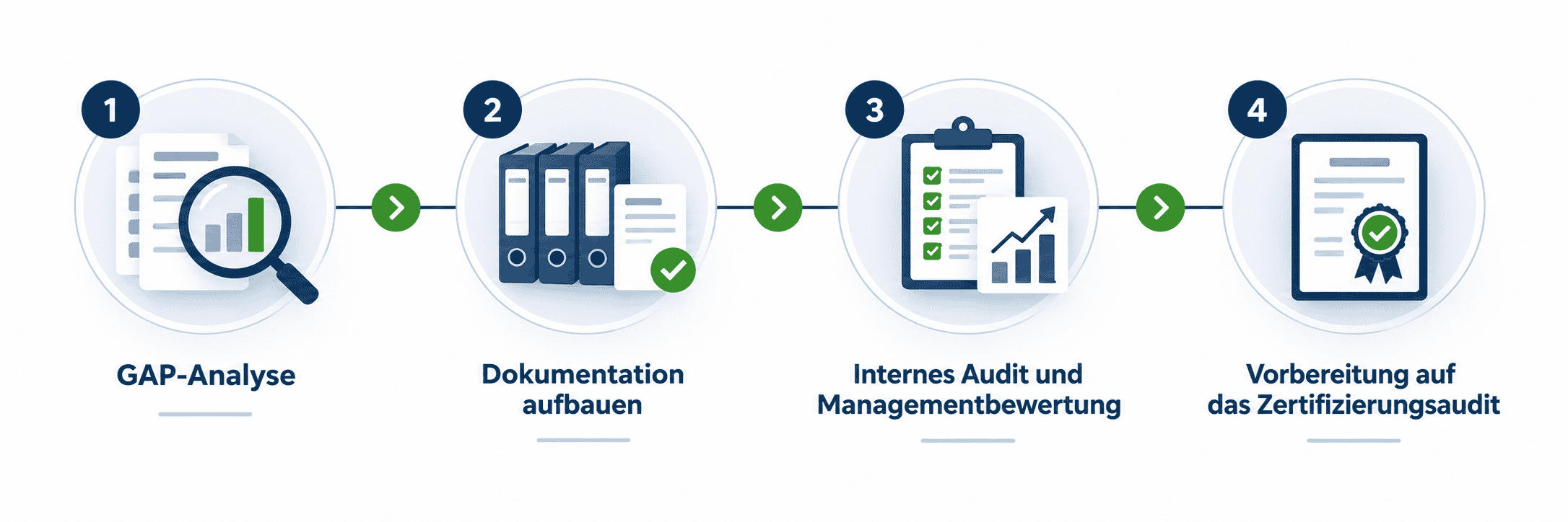 Vier Schritte zur ISO-Zertifizierung: GAP-Analyse, Dokumentation, internes Audit und Vorbereitung auf das Zertifizierungsaudit